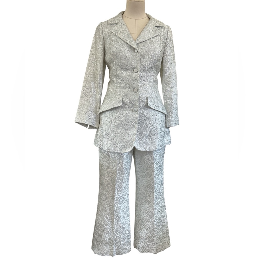 60’s/70’s Eve Le Coq silver metallic brocade pantsuit small